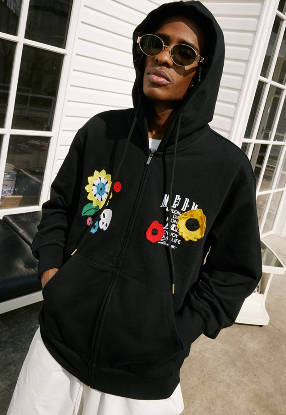 MEDM Flower Crochet Embroidery Zipper Hoodie