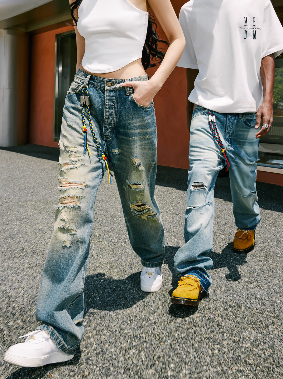 MEDM Drawstring M Washed Hole Beggar Denim Pants