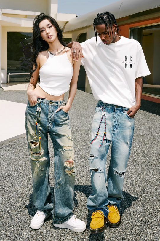 MEDM Drawstring M Washed Hole Beggar Denim Pants