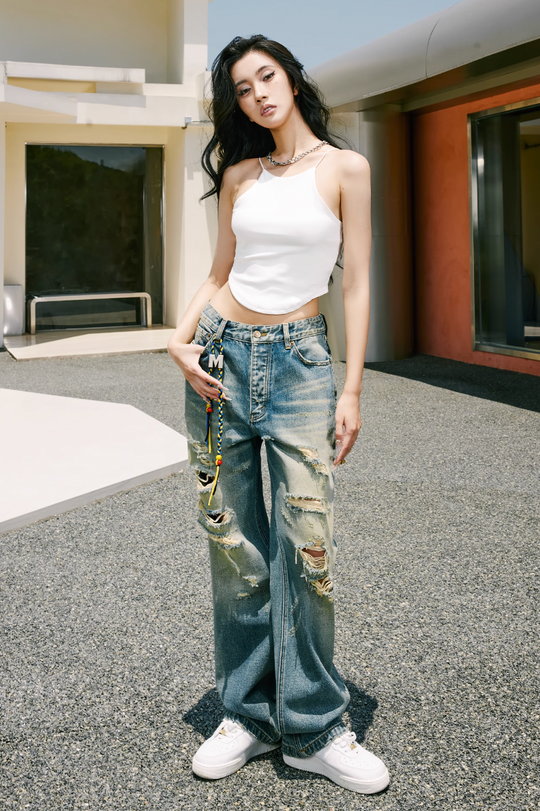 MEDM Drawstring M Washed Hole Beggar Denim Pants