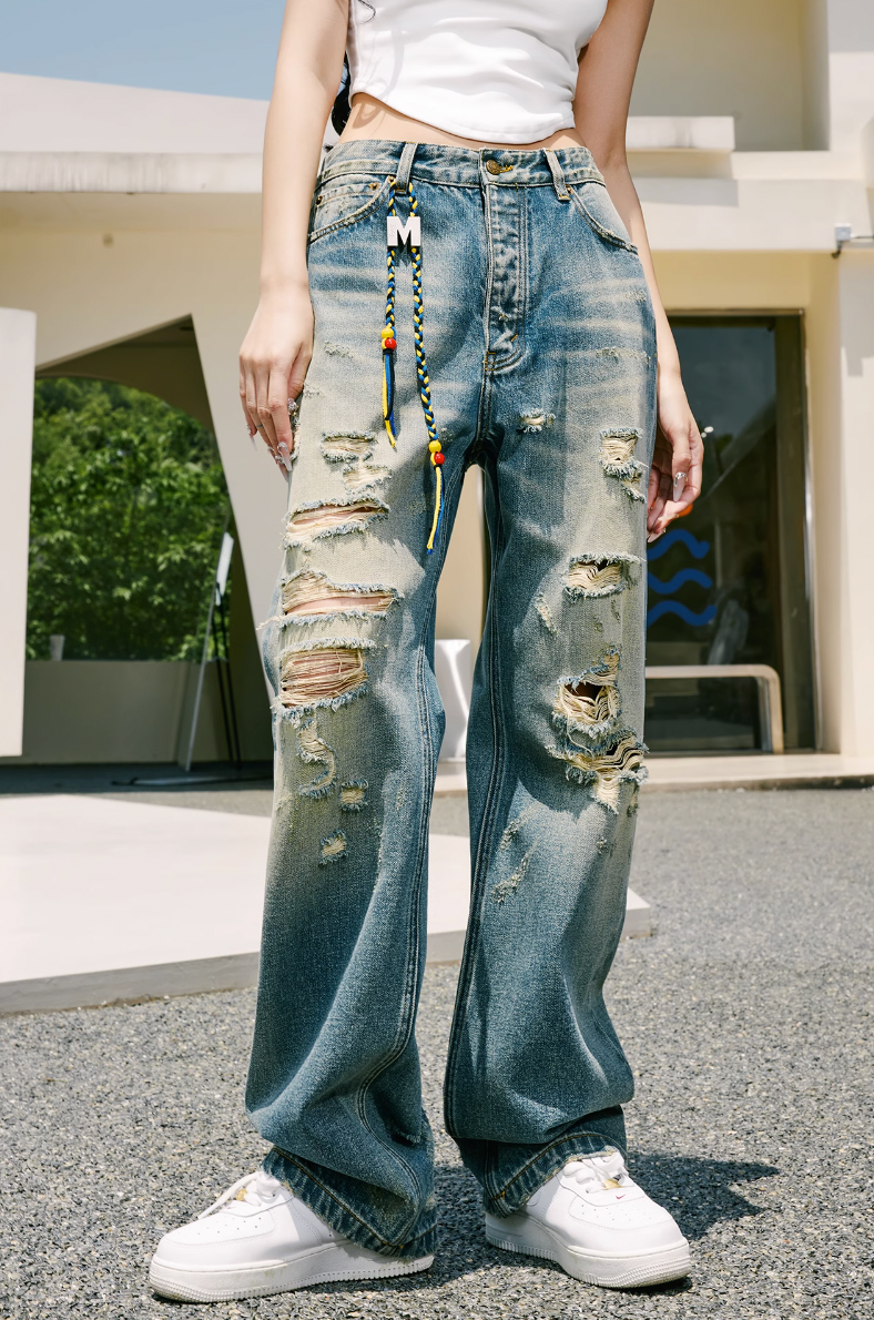 MEDM Drawstring M Washed Hole Beggar Denim Pants
