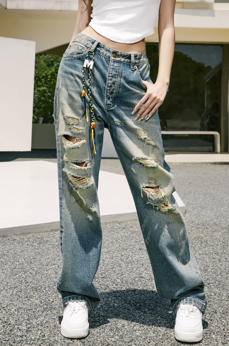 MEDM Drawstring M Washed Hole Beggar Denim Pants