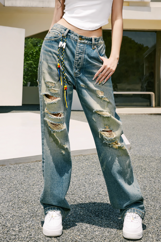 MEDM Drawstring M Washed Hole Beggar Denim Pants