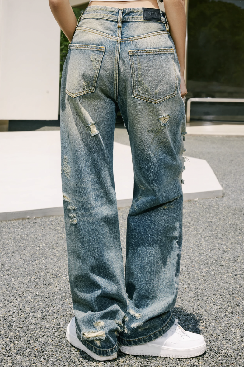 MEDM Drawstring M Washed Hole Beggar Denim Pants