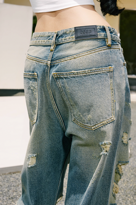 MEDM Drawstring M Washed Hole Beggar Denim Pants