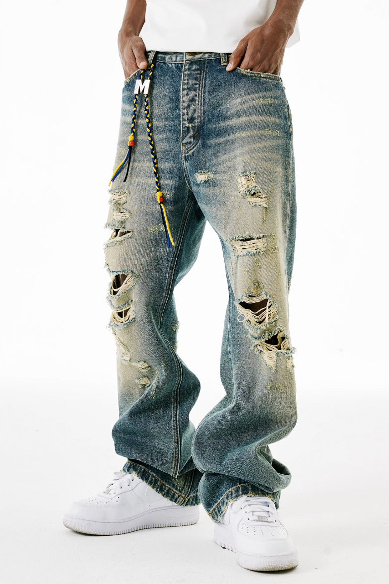 MEDM Drawstring M Washed Hole Beggar Denim Pants