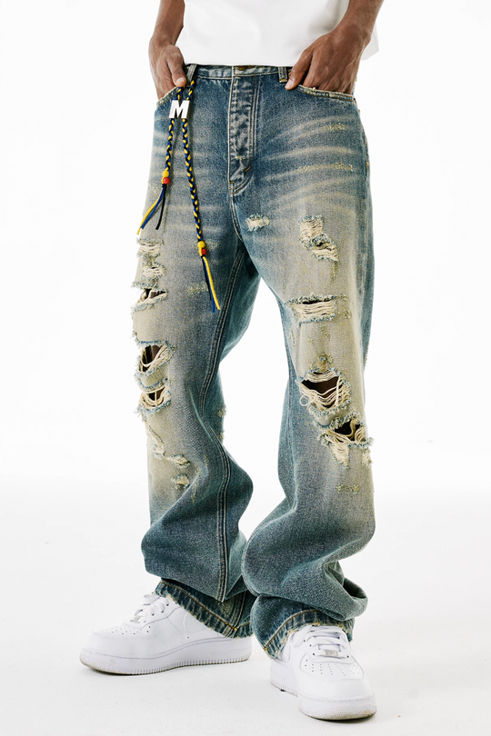 MEDM Drawstring M Washed Hole Beggar Denim Pants