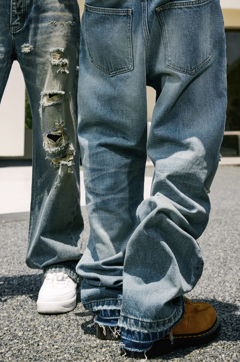 MEDM Labeled Drawstring Washed Hole Denim Pants