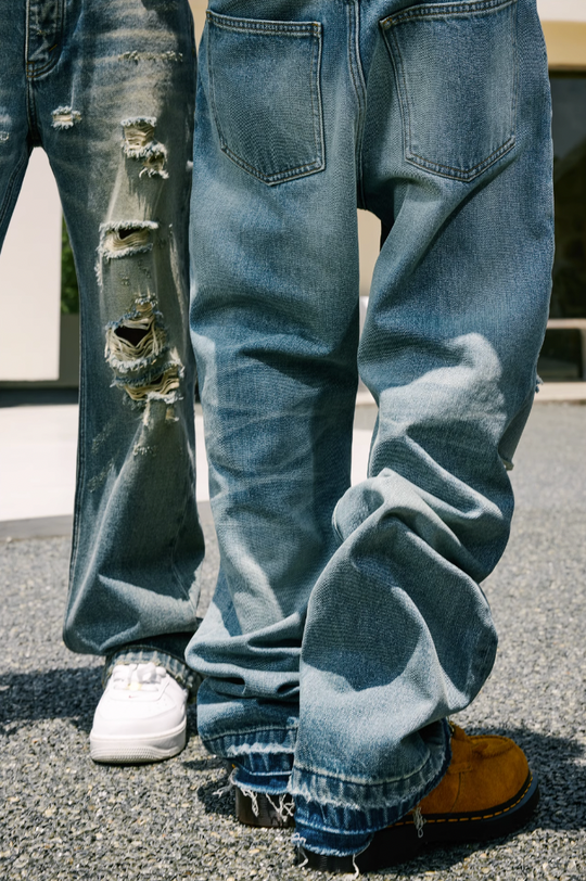 MEDM Labeled Drawstring Washed Hole Denim Pants