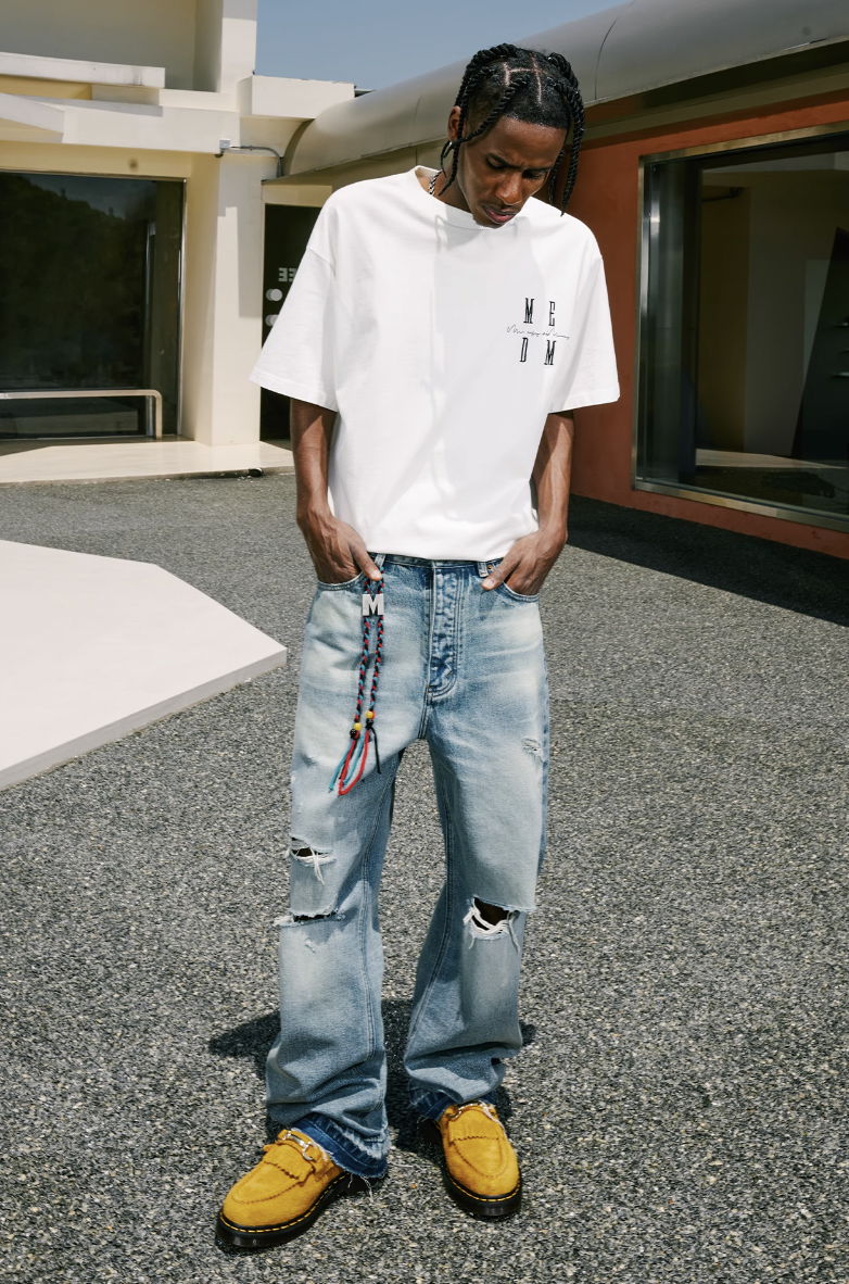 MEDM Labeled Drawstring Washed Hole Denim Pants