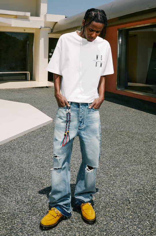 MEDM Labeled Drawstring Washed Hole Denim Pants