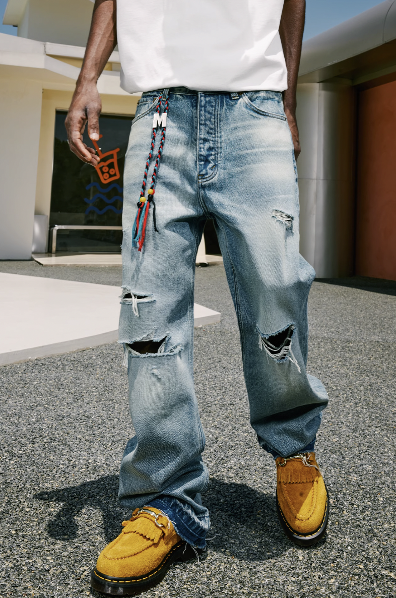 MEDM Labeled Drawstring Washed Hole Denim Pants