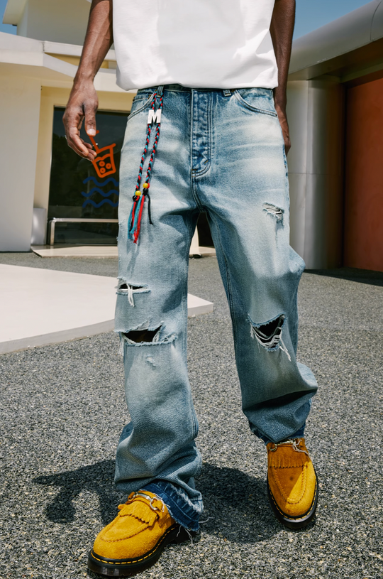 MEDM Labeled Drawstring Washed Hole Denim Pants