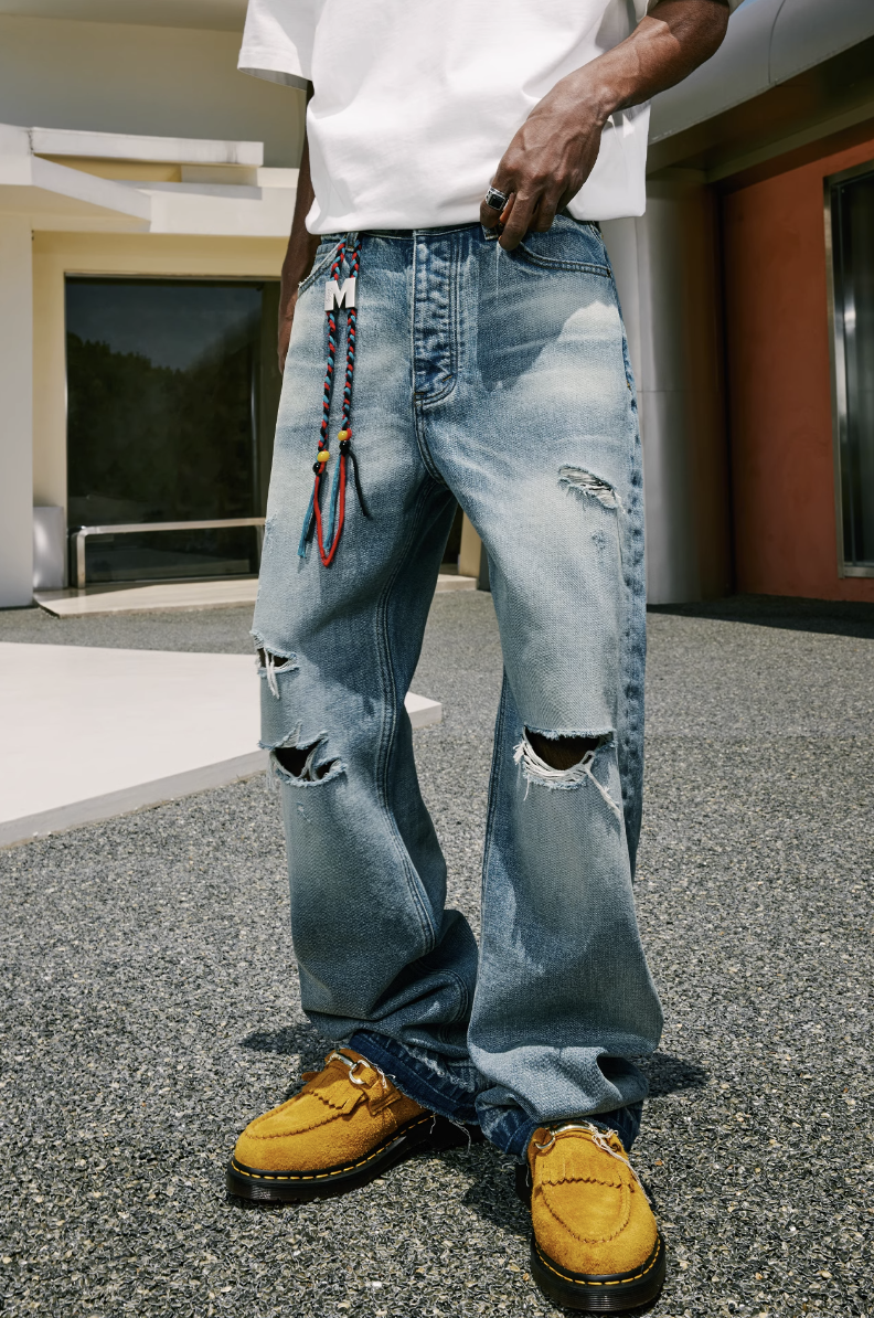 MEDM Labeled Drawstring Washed Hole Denim Pants