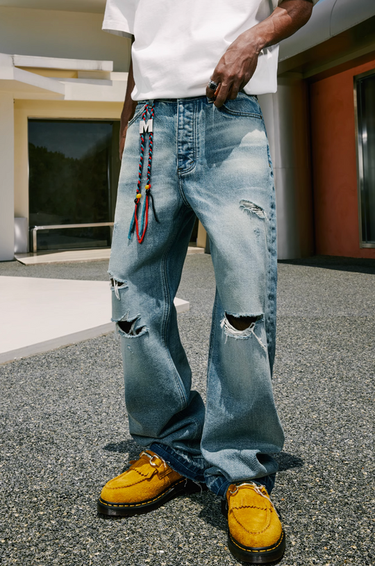 MEDM Labeled Drawstring Washed Hole Denim Pants