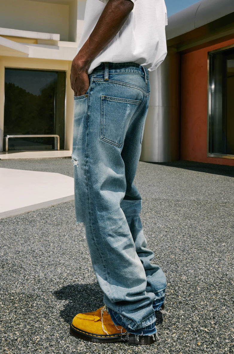 MEDM Labeled Drawstring Washed Hole Denim Pants