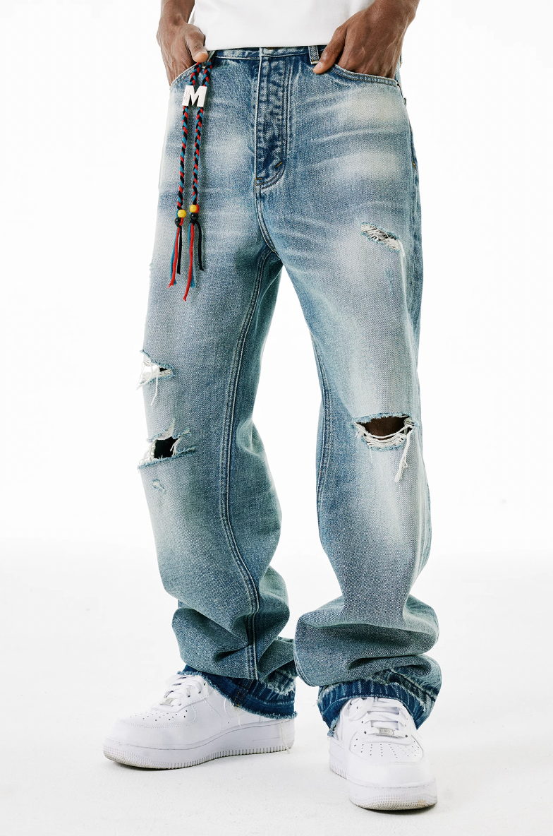 MEDM Labeled Drawstring Washed Hole Denim Pants