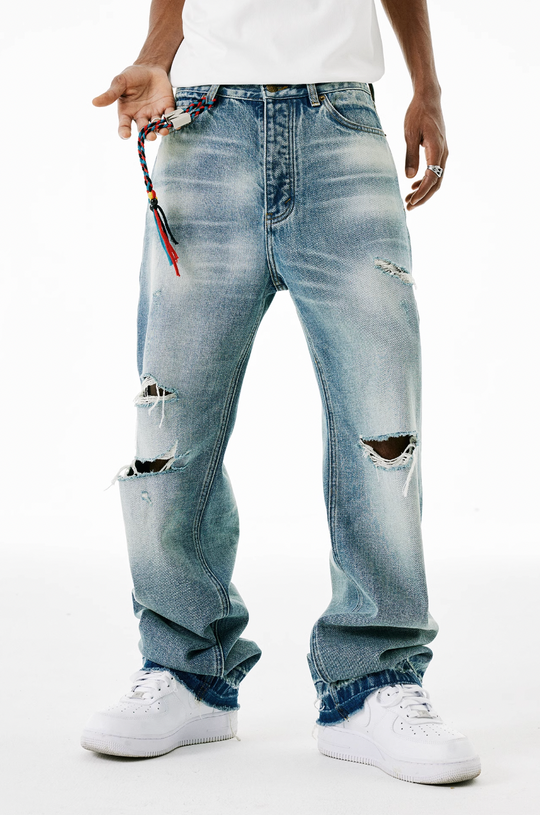 MEDM Labeled Drawstring Washed Hole Denim Pants