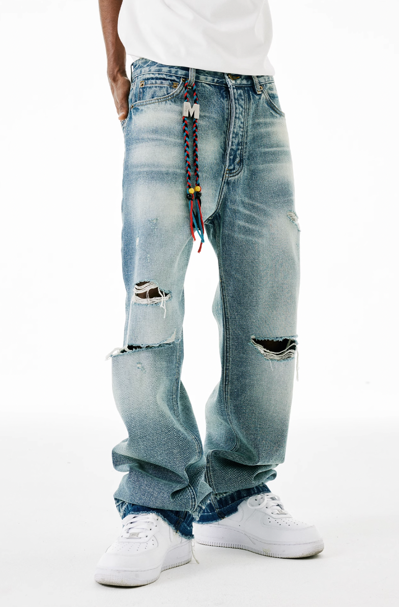 MEDM Labeled Drawstring Washed Hole Denim Pants
