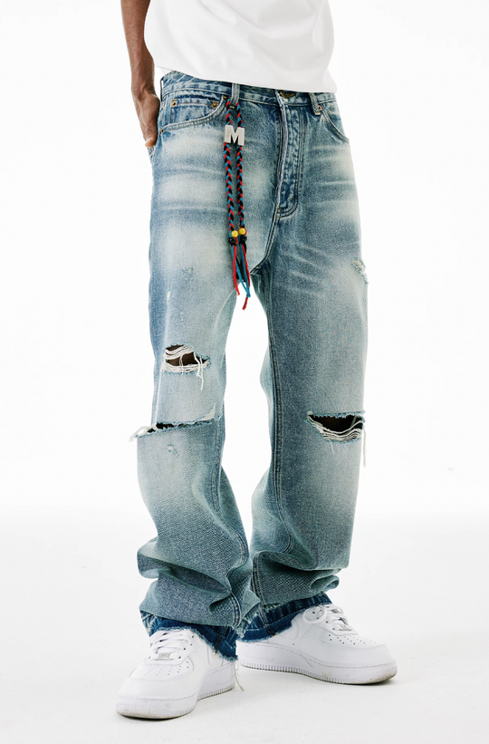 MEDM Labeled Drawstring Washed Hole Denim Pants