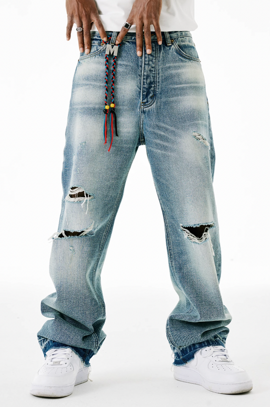 MEDM Labeled Drawstring Washed Hole Denim Pants