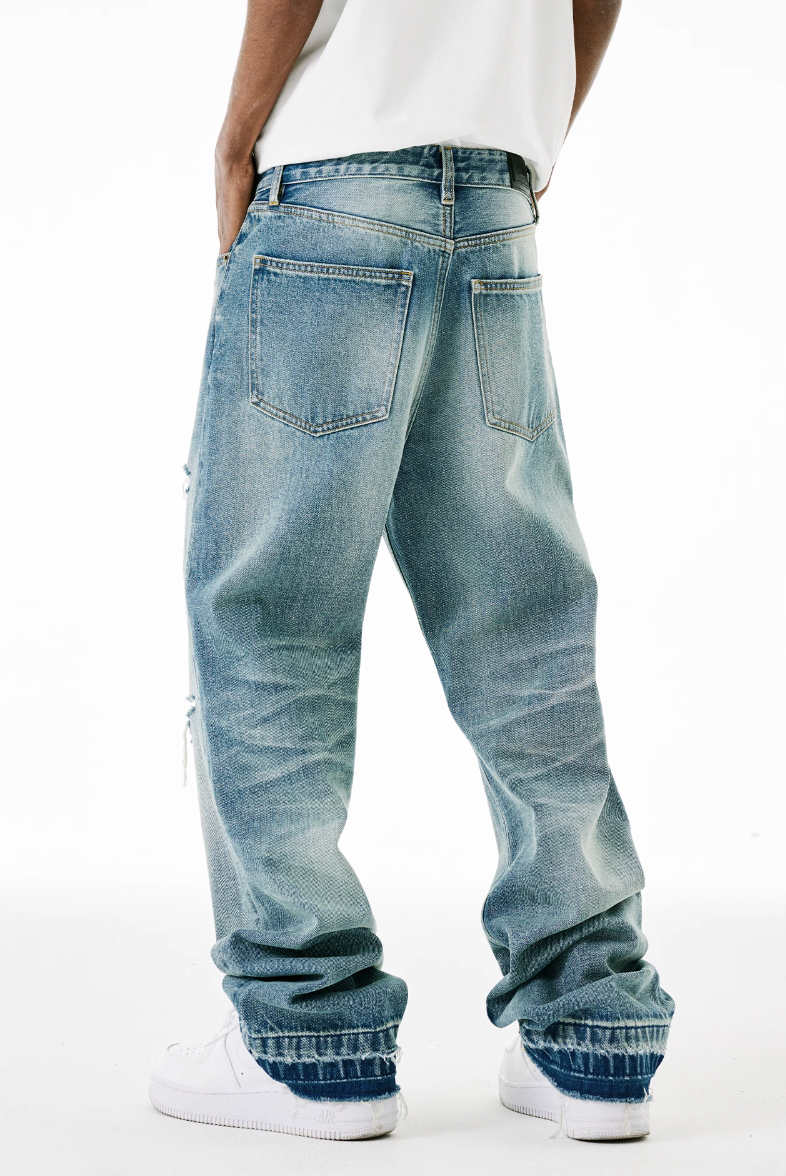 MEDM Labeled Drawstring Washed Hole Denim Pants