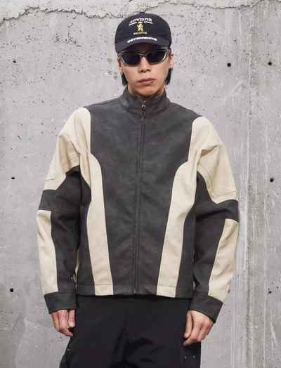 F2CE Color Blocking Biker Leather Jacket