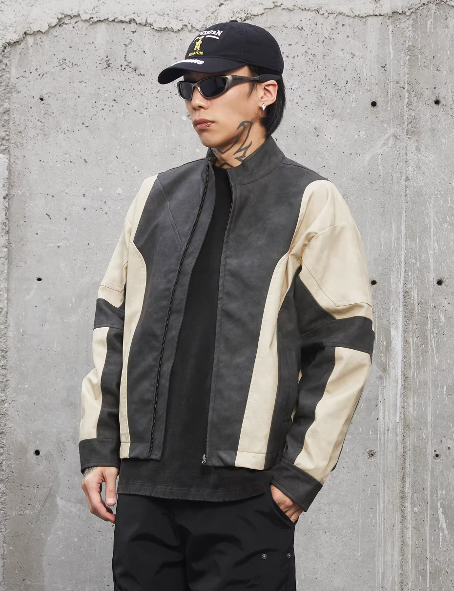 F2CE Color Blocking Biker Leather Jacket