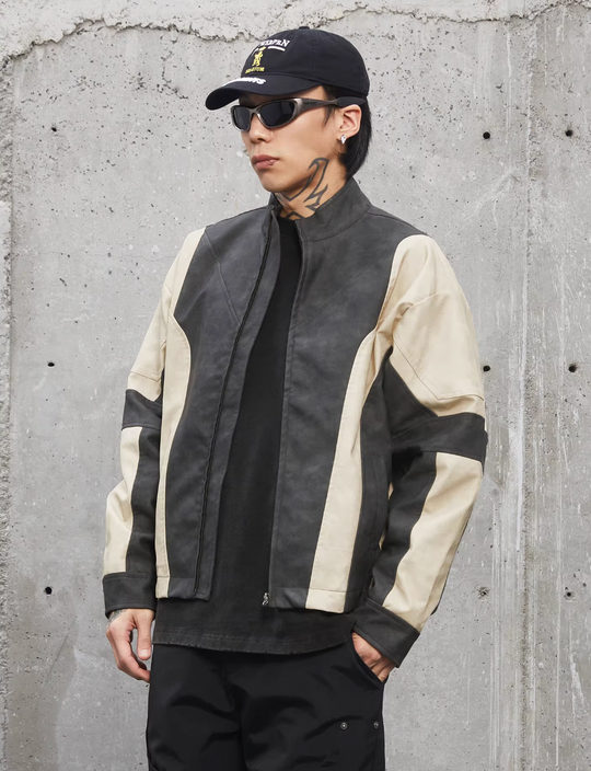 F2CE Color Blocking Biker Leather Jacket