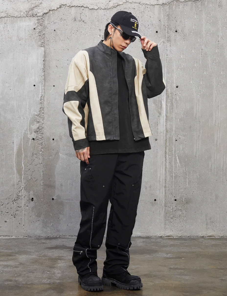 F2CE Color Blocking Biker Leather Jacket