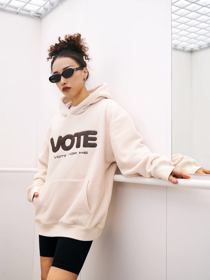 VOTE Fleece Logo Leather Splicing Hoodie