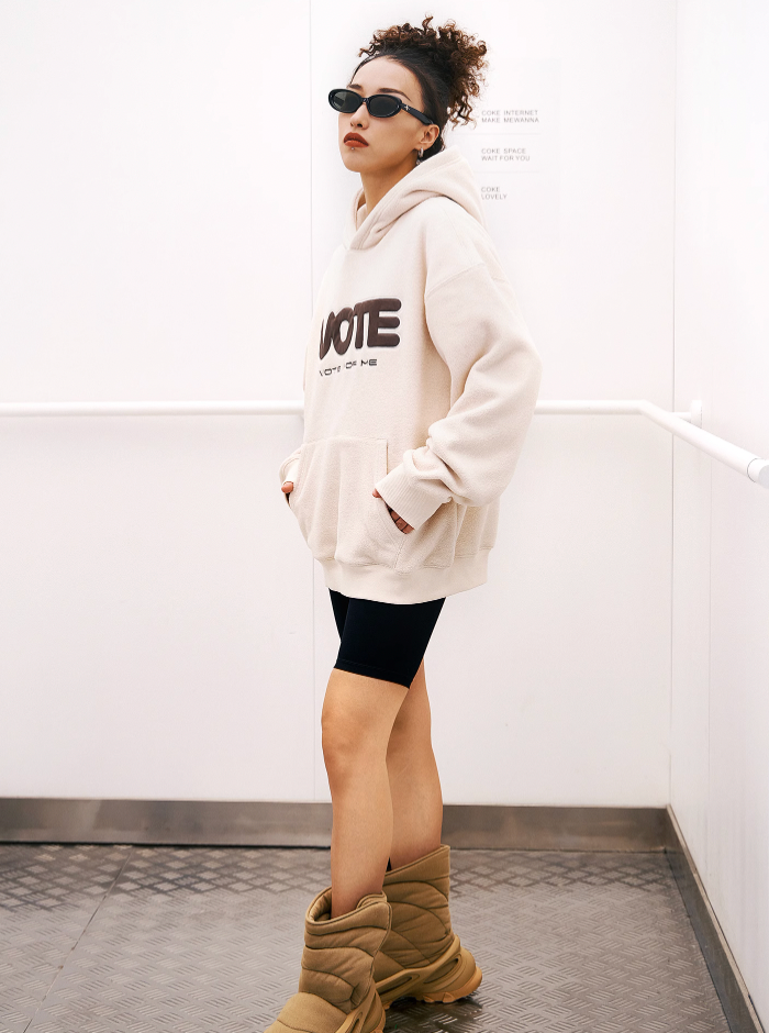 VOTE Fleece Logo Leather Splicing Hoodie