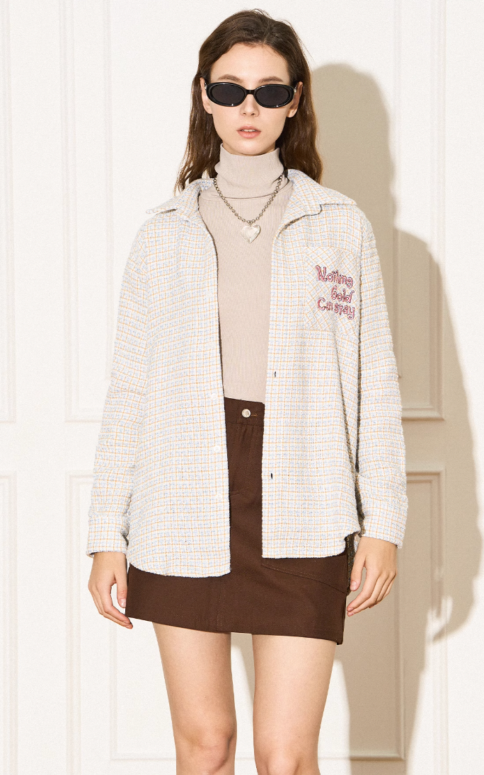 EMPTY REFERENCE Blue White Tweed Long Sleeve Shirt