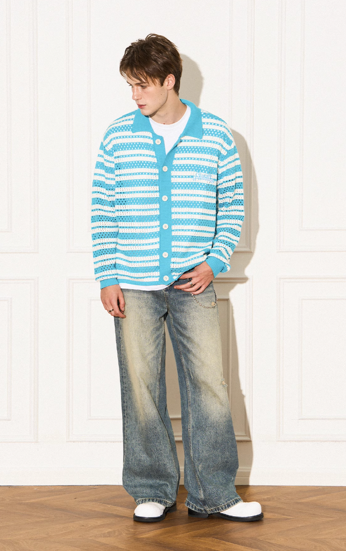 EMPTY REFERENCE Knit Striped Embroidered Long Sleeve Shirt