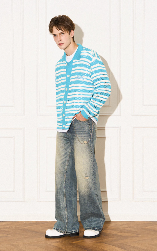 EMPTY REFERENCE Knit Striped Embroidered Long Sleeve Shirt