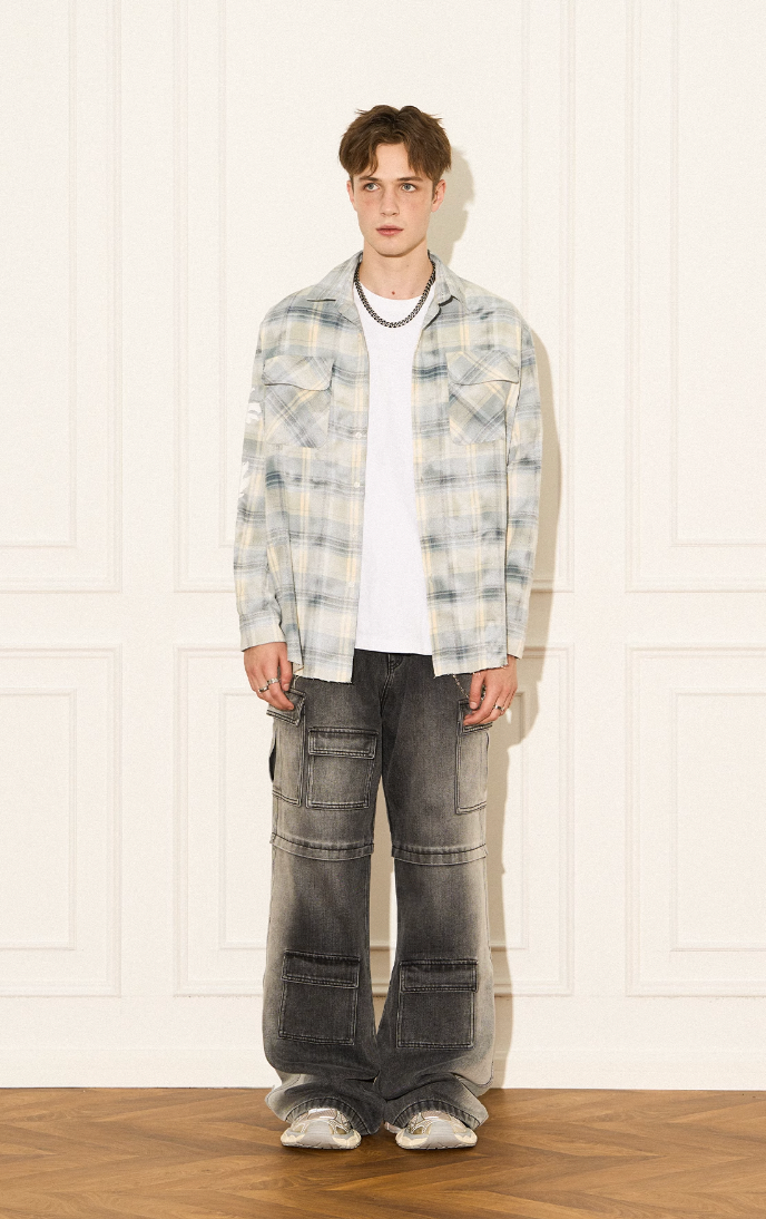 EMPTY REFERENCE Raw Edge Plaid Bubble Print Long Sleeve Shirt