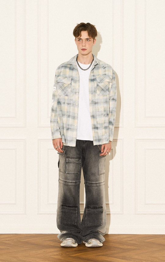 EMPTY REFERENCE Raw Edge Plaid Bubble Print Long Sleeve Shirt