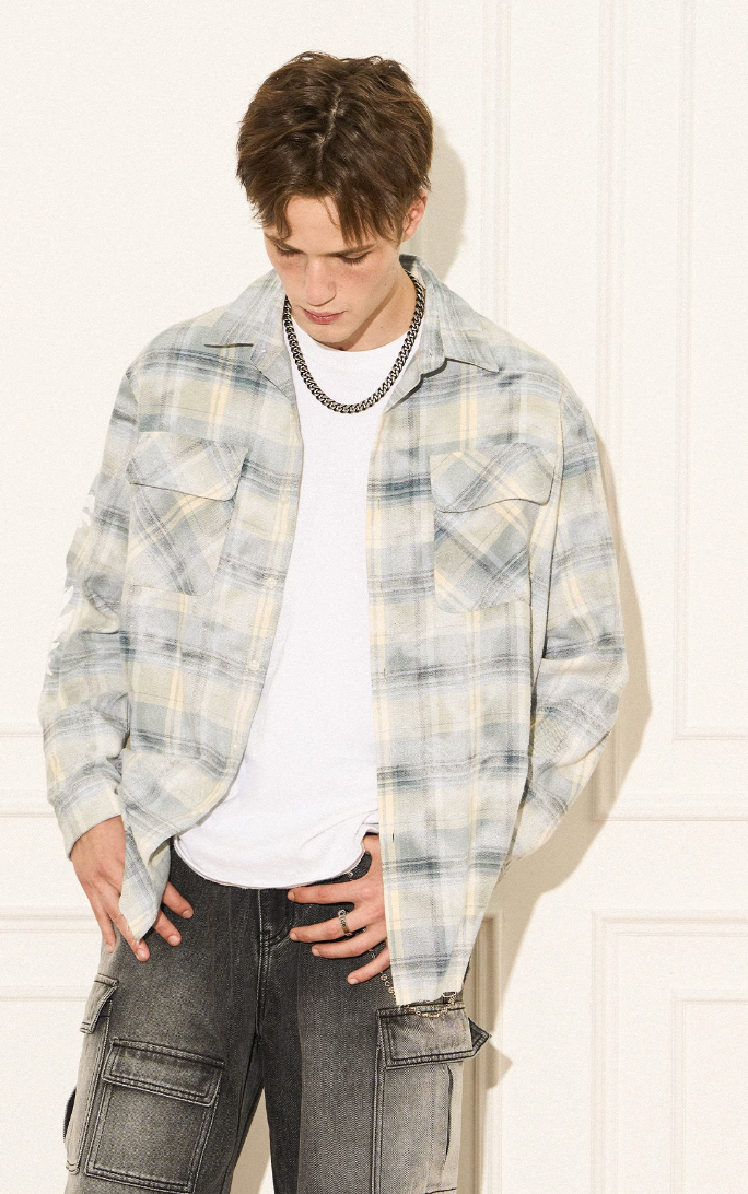 EMPTY REFERENCE Raw Edge Plaid Bubble Print Long Sleeve Shirt