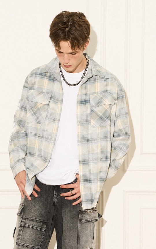 EMPTY REFERENCE Raw Edge Plaid Bubble Print Long Sleeve Shirt