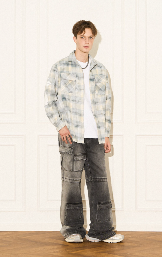 EMPTY REFERENCE Raw Edge Plaid Bubble Print Long Sleeve Shirt