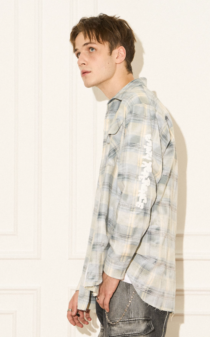 EMPTY REFERENCE Raw Edge Plaid Bubble Print Long Sleeve Shirt