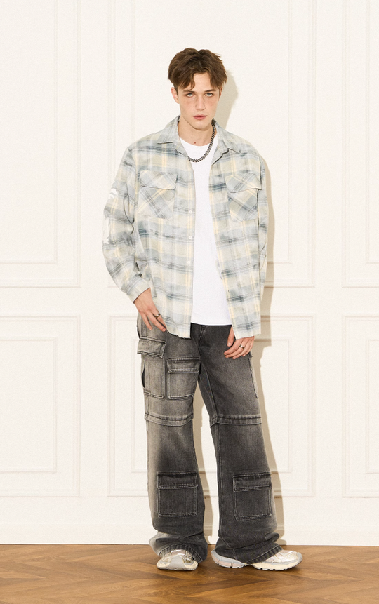EMPTY REFERENCE Raw Edge Plaid Bubble Print Long Sleeve Shirt