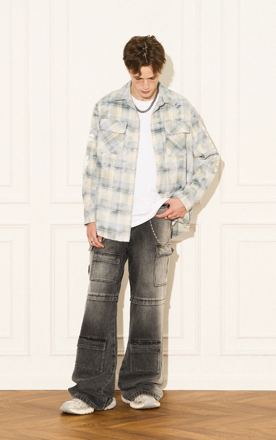 EMPTY REFERENCE Raw Edge Plaid Bubble Print Long Sleeve Shirt