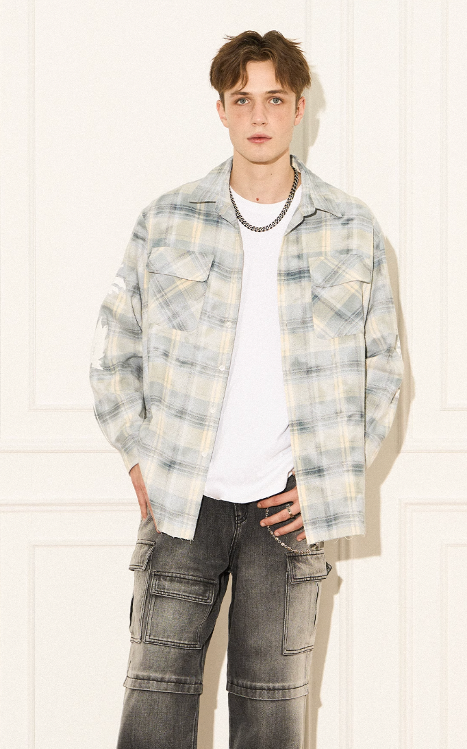 EMPTY REFERENCE Raw Edge Plaid Bubble Print Long Sleeve Shirt