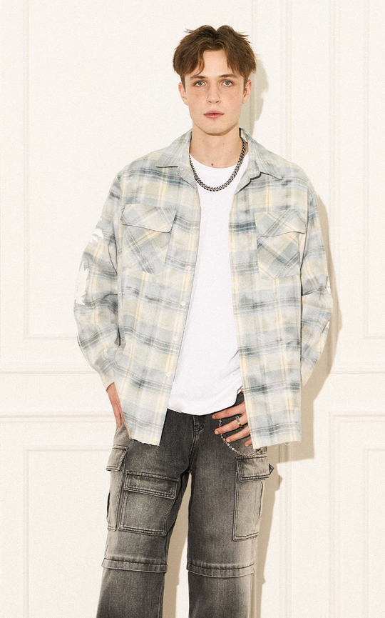 EMPTY REFERENCE Raw Edge Plaid Bubble Print Long Sleeve Shirt