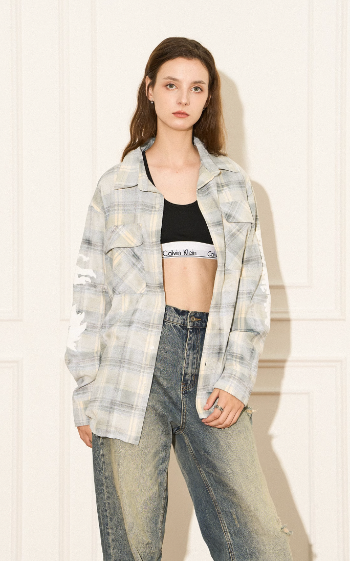 EMPTY REFERENCE Raw Edge Plaid Bubble Print Long Sleeve Shirt