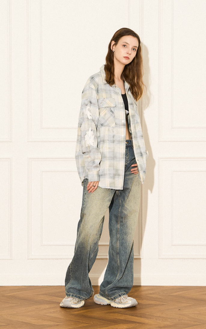 EMPTY REFERENCE Raw Edge Plaid Bubble Print Long Sleeve Shirt