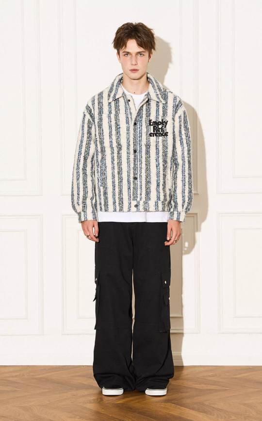 EMPTY REFERENCE Striped Plush Pocket Embroidery Tweed Jacket