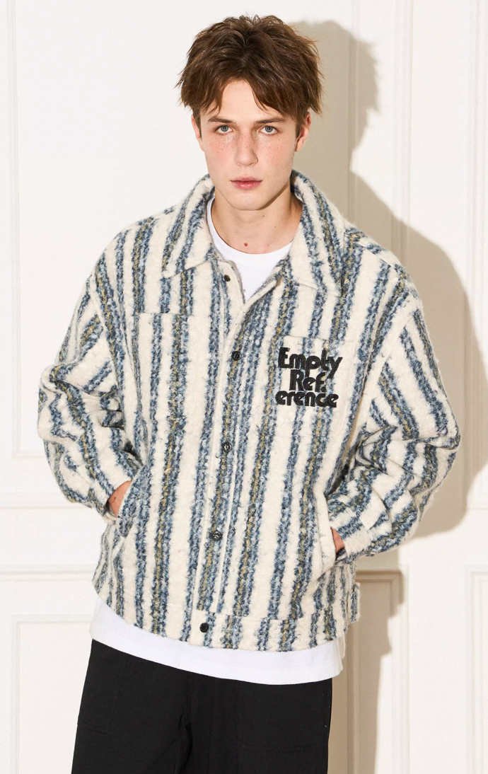 EMPTY REFERENCE Striped Plush Pocket Embroidery Tweed Jacket