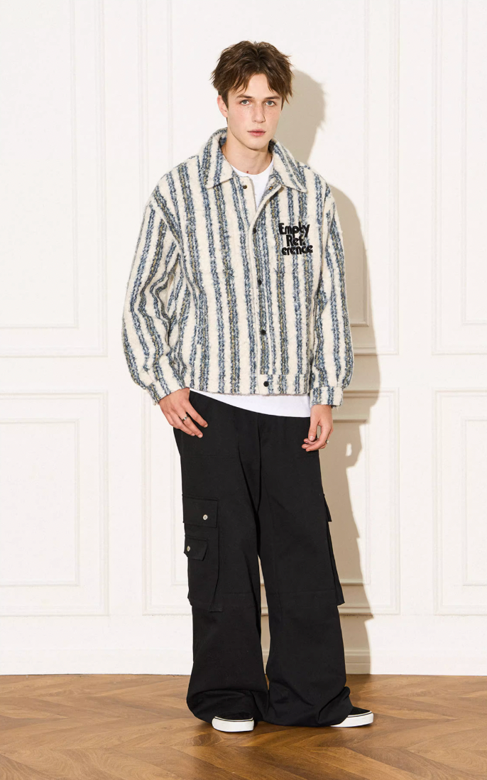 EMPTY REFERENCE Striped Plush Pocket Embroidery Tweed Jacket